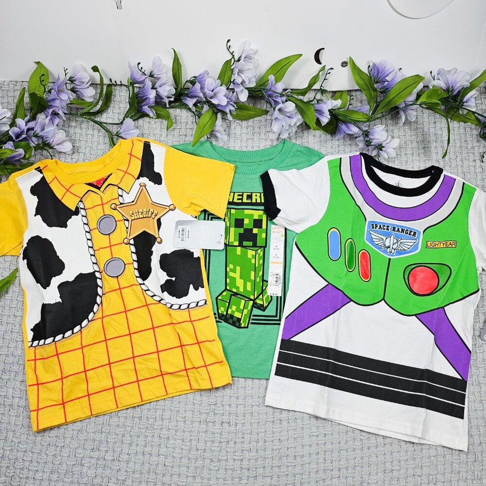Disney Store Toy Story Buzz Lightyear Woody Shirts and Minecraft Shirt NWT Sz 4